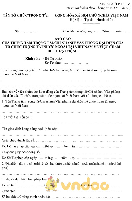 Mẫu số 23/TP-TTTM: Báo cáo của trung tâm trọng tài