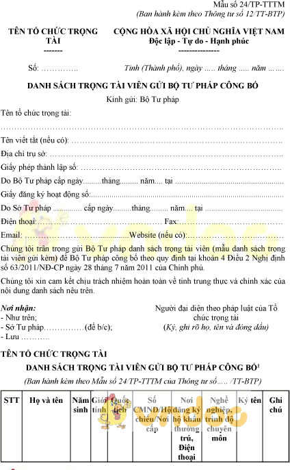 Mẫu số 24/TP-TTTM: Danh sách trọng tài viên gửi Bộ Tư pháp công bố