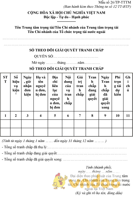 Mẫu số 26/TP-TTTM: Sổ theo dõi giải quyết tranh chấp