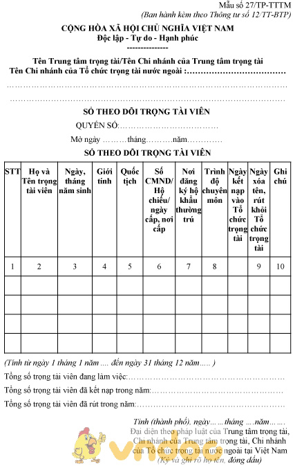 Mẫu số 27/TP-TTTM: Sổ theo dõi trọng tài viên