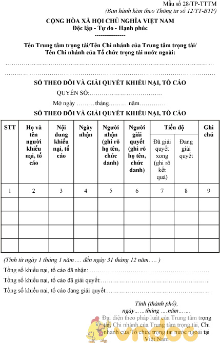 Mẫu số 28/TP-TTTM: Sổ theo dõi và giải quyết khiếu nại, tố cáo