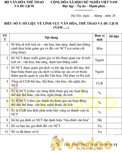 Mẫu báo cáo số liệu lĩnh vực văn hóa thể thao và du lịch