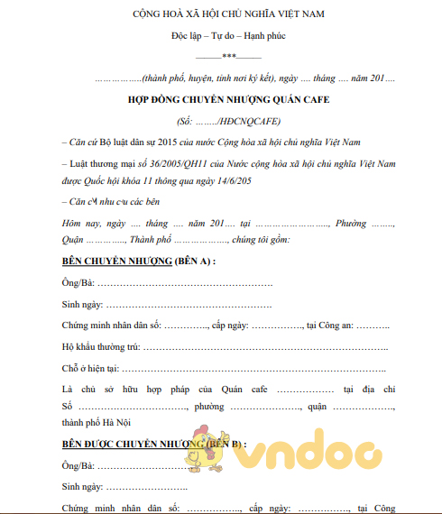 Hợp đồng sang nhượng quán cà phê