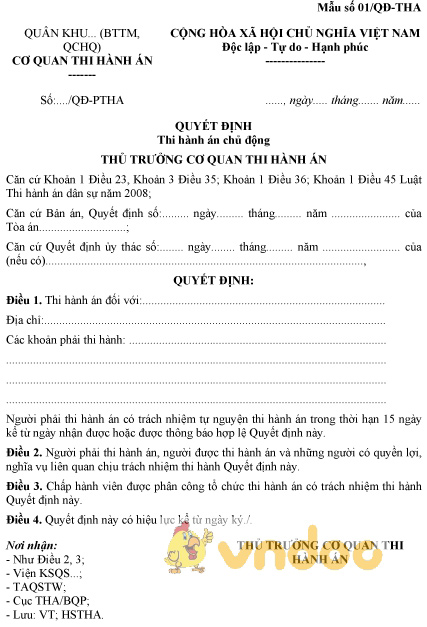 Mẫu số 01/QĐ-THA: Quyết định thi hành án chủ động