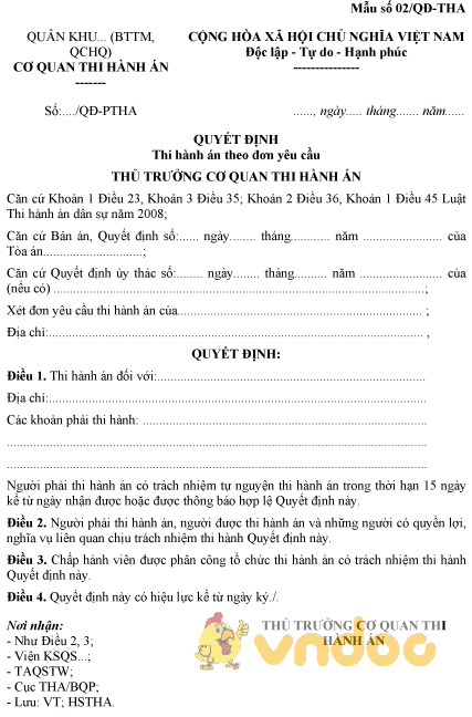 Mẫu số 02/QĐ-THA: Quyết định thi hành án theo đơn yêu cầu