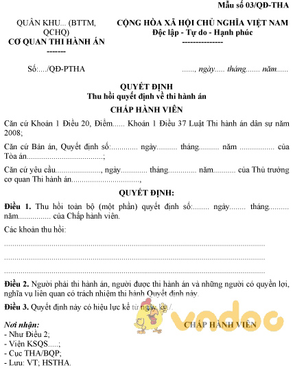 Mẫu số 03/QĐ-THA: Quyết định thu hồi quyết định về thi hành án