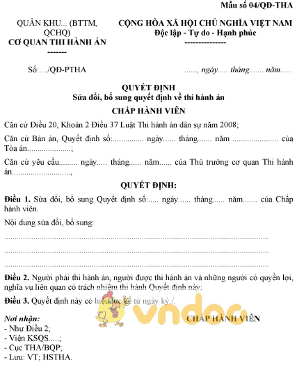 Mẫu số 04/QĐ-THA: Quyết định sửa đổi, bổ sung quyết định về thi hành án