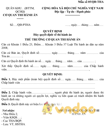 Mẫu số 05/QĐ-THA: Quyết định hủy quyết định về thi hành án