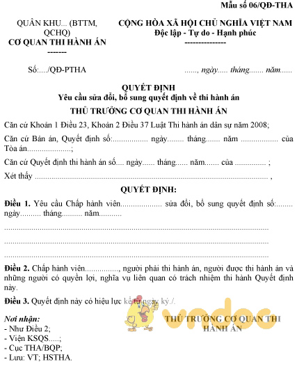 Mẫu số 06/QĐ-THA: Quyết định yêu cầu sửa đổi, bổ sung quyết định về thi hành án