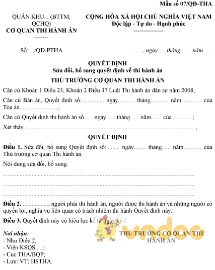 Mẫu số 07/QĐ-THA: Quyết định sửa đổi, bổ sung quyết định về thi hành án
