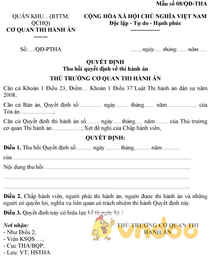 Mẫu số 08/QĐ-THA: Quyết định thu hồi quyết định về thi hành án