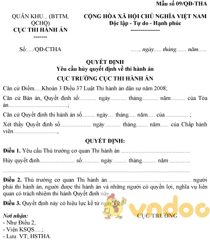 Mẫu số 09/QĐ-THA: Quyết định yêu cầu hủy quyết định về thi hành án
