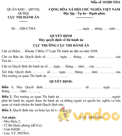 Mẫu số 10/QĐ-THA: Quyết định hủy quyết định về thi hành án