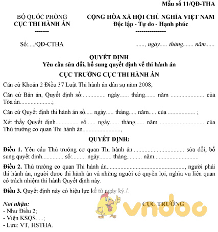 Mẫu số 11/QĐ-THA: Quyết định yêu cầu sửa đổi, bổ sung quyết định về thi hành án