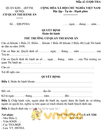 Mẫu số 12/QĐ-THA: Quyết định hoãn thi hành