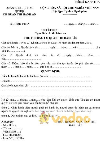 Mẫu số 13/QĐ-THA: Quyết định tạm đình chỉ thi hành án