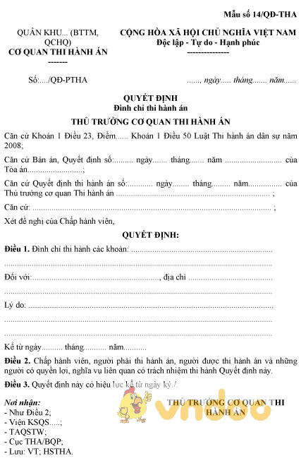Mẫu số 14/QĐ-THA: Quyết định đình chỉ thi hành án