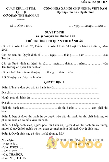 Mẫu số 15/QĐ-THA: Quyết định trả lại đơn yêu cầu thi hành án