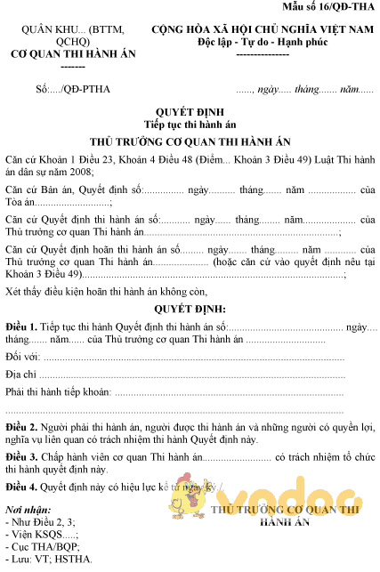 Mẫu số 16/QĐ-THA: Quyết định tiếp tục thi hành án