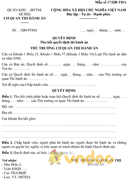 Mẫu số 17/QĐ-THA: Quyết định thu hồi quyết định thi hành án