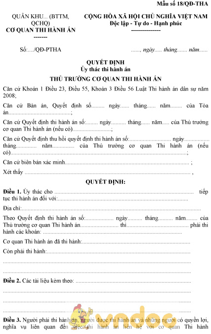 Mẫu số 18/QĐ-THA: Quyết định ủy thác thi hành án