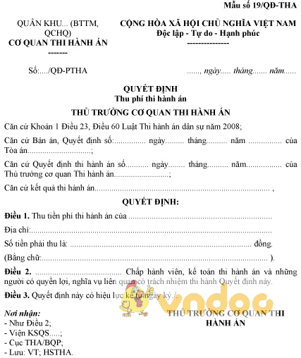 Mẫu số 19/QĐ-THA: Quyết định thu phí thi hành án