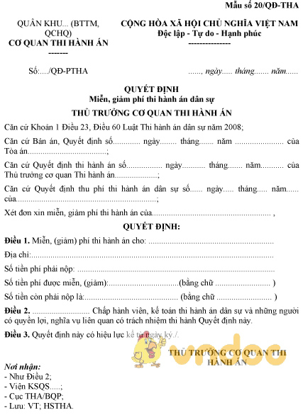 Mẫu số 20/QĐ-THA: Quyết định miễn, giảm phí thi hành án dân sự