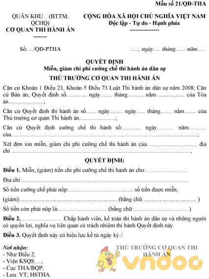 Mẫu số 21/QĐ-THA: Quyết định miễn, giảm chi phí cưỡng chế thi hành án dân sự
