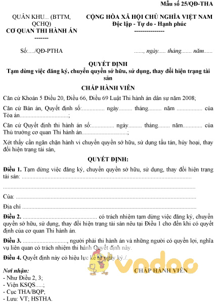 Mẫu số 25/QĐ-THA: Quyết định tạm dừng việc đăng ký, chuyển quyền sở hữu, sử dụng tài sản
