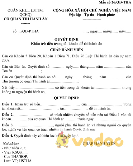 Mẫu số 26/QĐ-THA: Quyết định khấu trừ tiền trong tài khoản để thi hành án