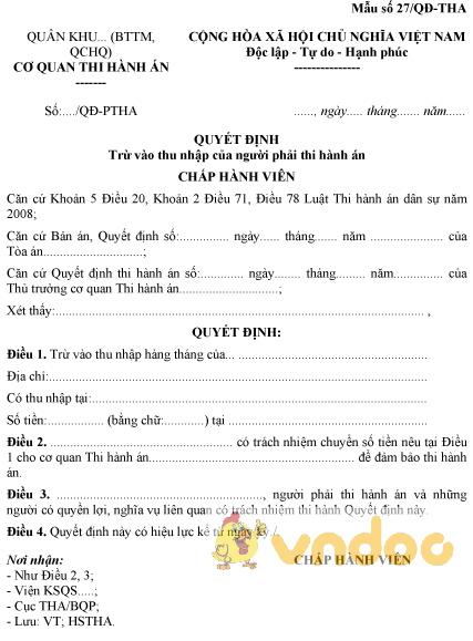 Mẫu số 27/QĐ-THA: Quyết định trừ vào thu nhập của người phải thi hành án