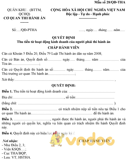 Mẫu số 28/QĐ-THA: Quyết định thu tiền từ hoạt động kinh doanh của người phải thi hành án