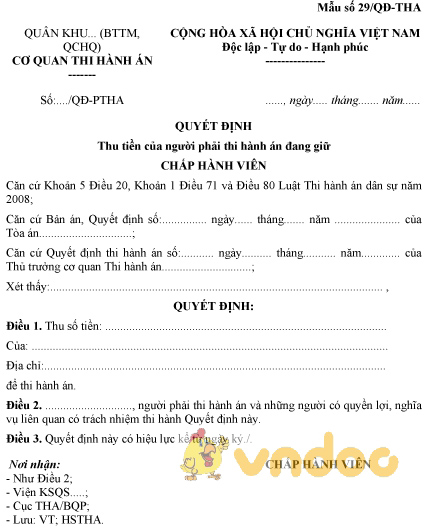 Mẫu số 29/QĐ-THA: Quyết định thu tiền của người phải thi hành án đang giữ