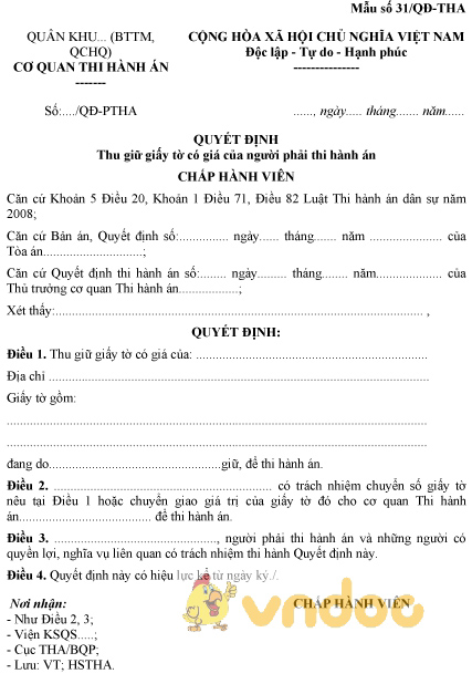 Mẫu số 31/QĐ-THA: Quyết định thu giữ giấy tờ có giá của người phải thi hành án