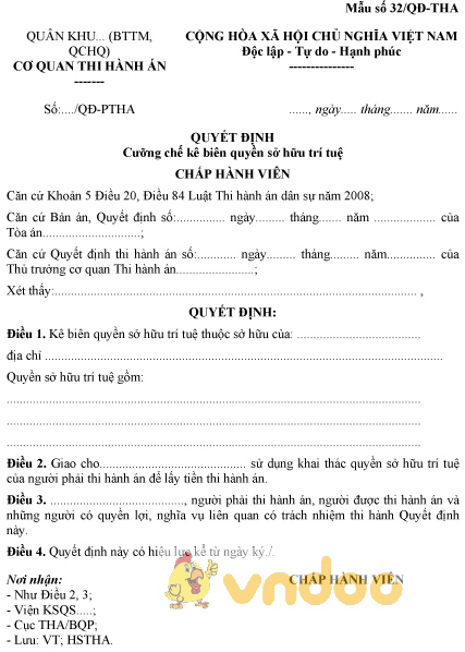 Mẫu số 32/QĐ-THA: Quyết định cưỡng chế kê biên quyền sở hữu trí tuệ