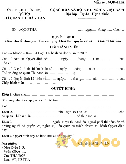 Mẫu số 33/QĐ-THA: Quyết định giao cho tổ chức cá nhân sử dụng khai thác quyền sở hữu trí tuệ kê biên