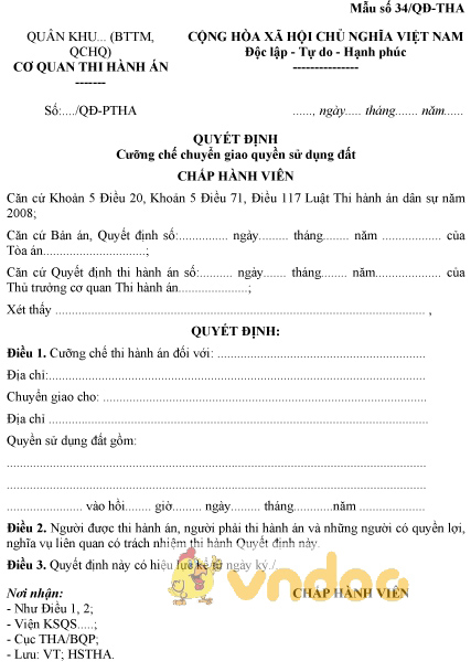 Mẫu số 34/QĐ-THA: Quyết định cưỡng chế chuyển giao quyền sử dụng đất