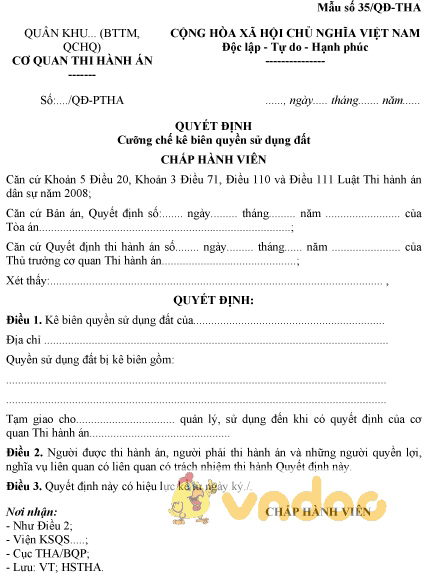 Mẫu số 35/QĐ-THA: Quyết định cưỡng chế kê biên quyền sử dụng đất