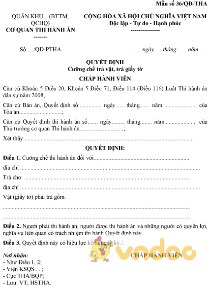 Mẫu số 36/QĐ-THA: Quyết định cưỡng chế trả vật, trả giấy tờ
