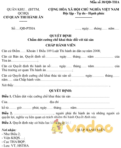 Mẫu số 38/QĐ-THA: Quyết định chấm dứt cưỡng chế khai thác đối với tài sản