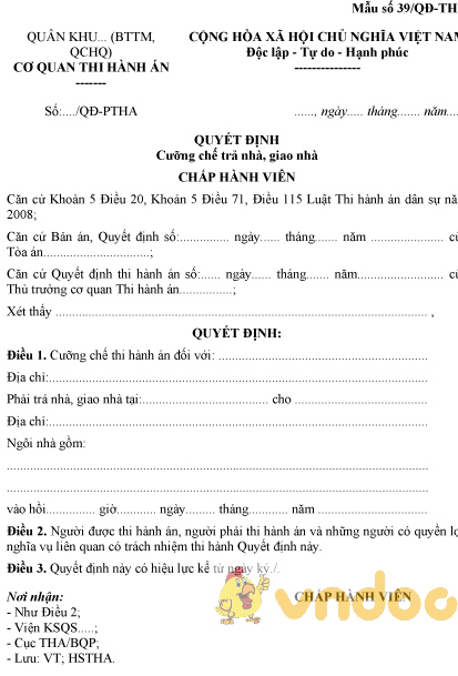 Mẫu số 39/QĐ-THA: Quyết định cưỡng chế trả nhà, giao nhà