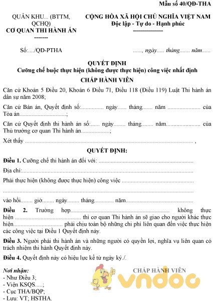 Mẫu số 40/QĐ-THA: Quyết định cưỡng chế buộc thực hiện công việc nhất định