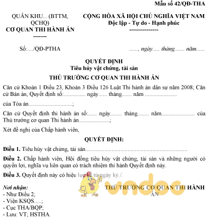 Mẫu số 42/QĐ-THA: Quyết định tiêu hủy vật chứng, tài sản