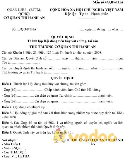 Mẫu số 43/QĐ-THA: Quyết định thành lập hội đồng tiêu hủy vật chứng, tài sản