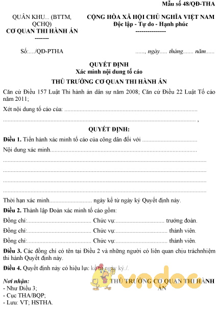 Mẫu số 48/QĐ-THA: Quyết định xác minh nội dung tố cáo