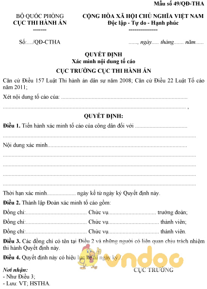 Mẫu số 49/QĐ-THA: Quyết định xác minh nội dung tố cáo