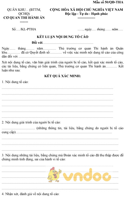 Mẫu số 50/QĐ-THA: Kết luận nội dung tố cáo