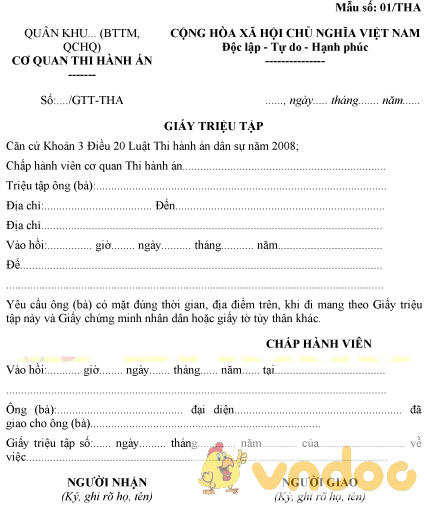 Mẫu số 01/THA: Giấy triệu tập