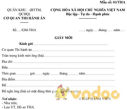 Mẫu số 03/THA: Giấy mời