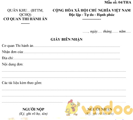 Mẫu số 04/THA: Giấy biên nhận